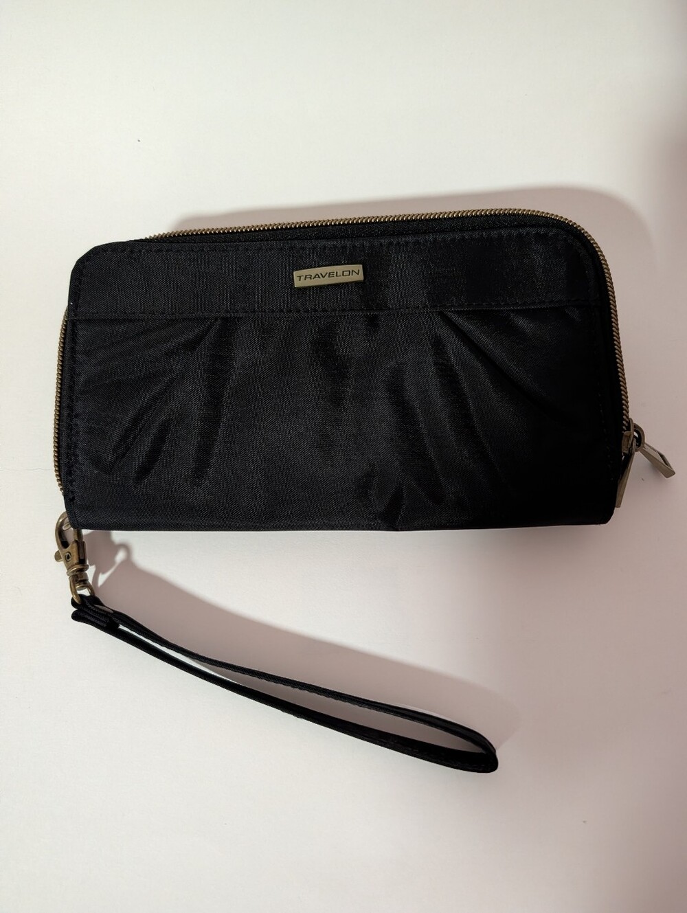 Travelon Black Nylon Wristlet Wallet with Gold Hardware RFID Blocking Technology